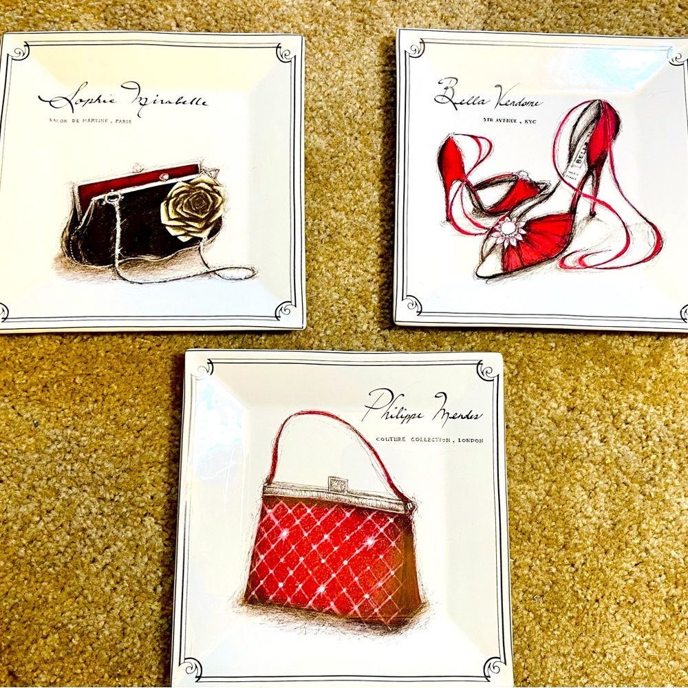 Sakura Stoneware Square Salad Dessert Plates - Couture Handbags/Shoes (Set of 3)